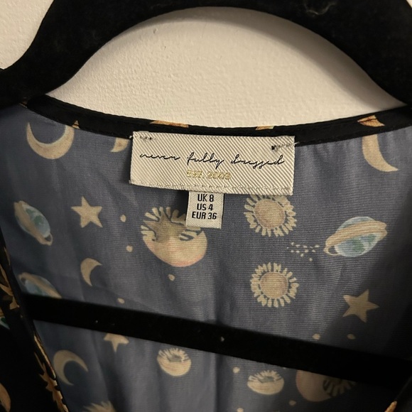 Never Fully Dressed Celestial Satin Moon Star Sun Button Up Maxi Dress Size 4 - Picture 4 of 8